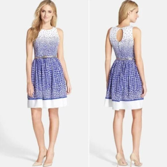 Eliza J Belted Print Fit & Flare Dress Womens Plus Size 14 Sleeveless Lined - Picture 1 of 11